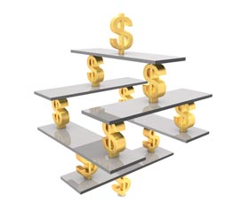 Equilíbrio financeiro representado por vários cifrões dourados equilibrando-se em plataformas de metal.